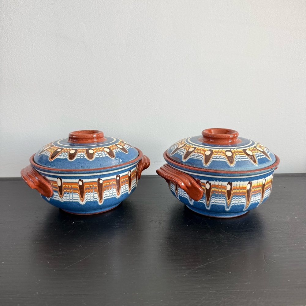 Vintage Bulgarian Redware Clay Pot Lid Traditional Folk Art Pottery Hand Painted